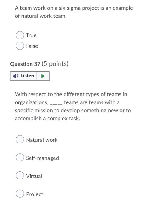 A team work on a six sigma project is an example