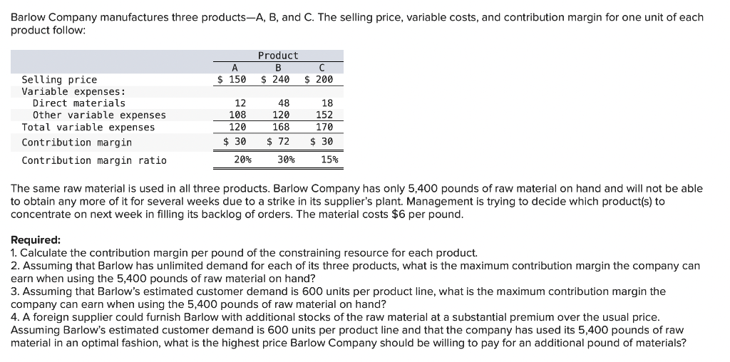 Barlow Company manufactures three products-A, B,