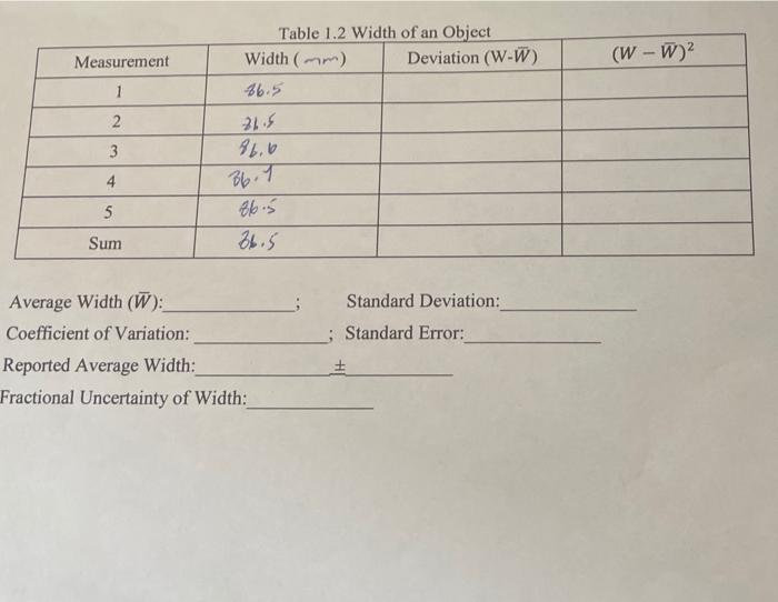 Measurement (W-W) 1 Table 1.2 Width of an Object