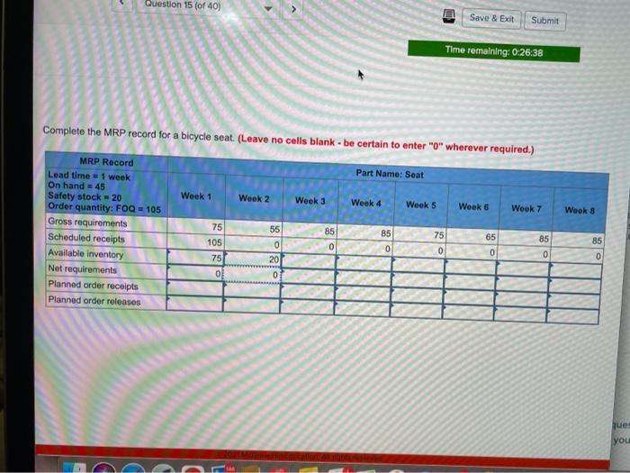 Question 15 (of 40) Save & Exit Submit Time
