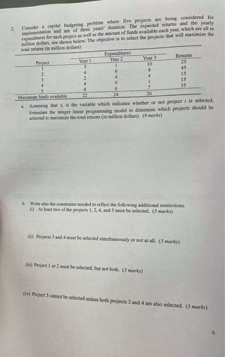 Consider a capital budgeting problem where five