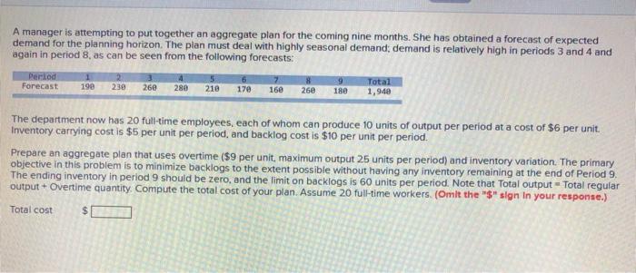 A manager is attempting to put together an