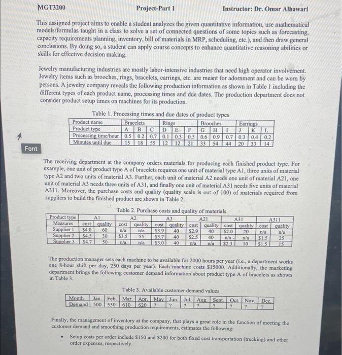 Q7-10 MGT3200 Project Part 1 Instructor: Dr. Omar