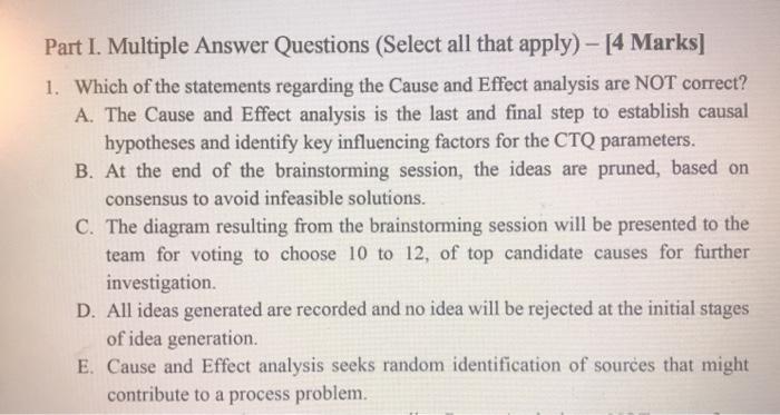 Part I. Multiple Answer Questions (Select all
