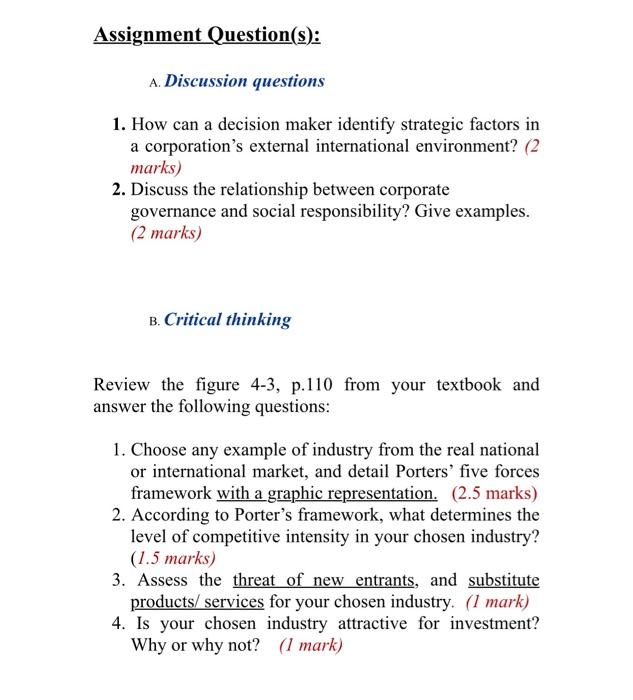 Assignment Question(s): A. Discussion questions