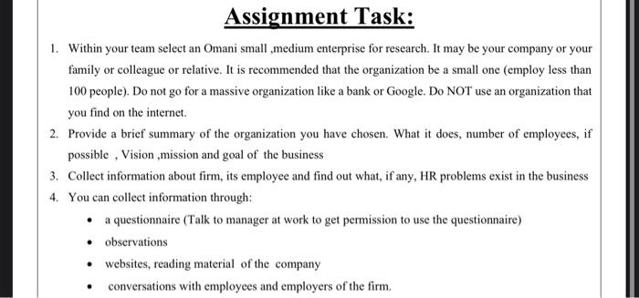Assignment Task: 1. Within your team select an