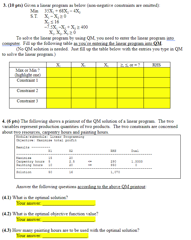 3. (10 pts) Given a linear program as below