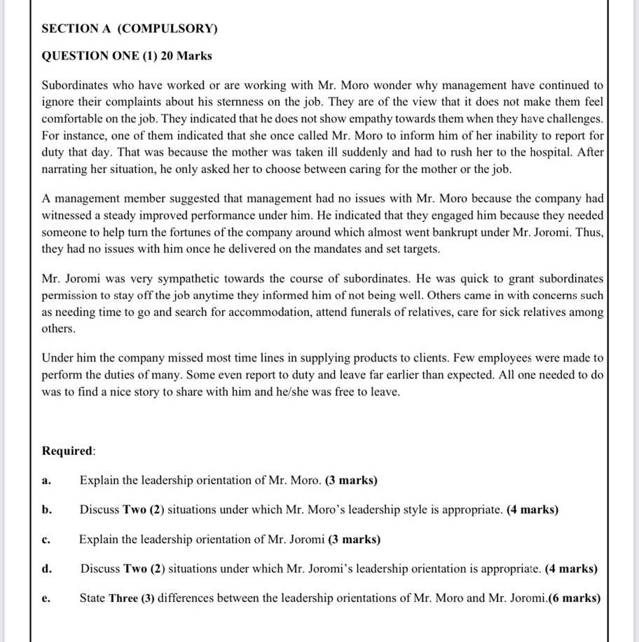 SECTION A (COMPULSORY) QUESTION ONE (1) 20 Marks