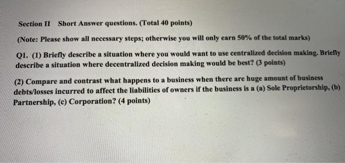 Section II Short Answer questions. (Total 40