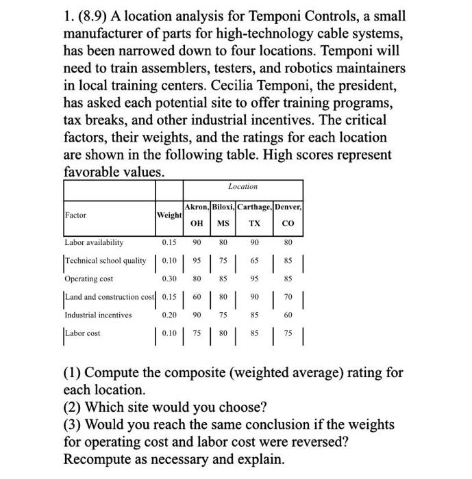 1. (8.9) A location analysis for Temponi