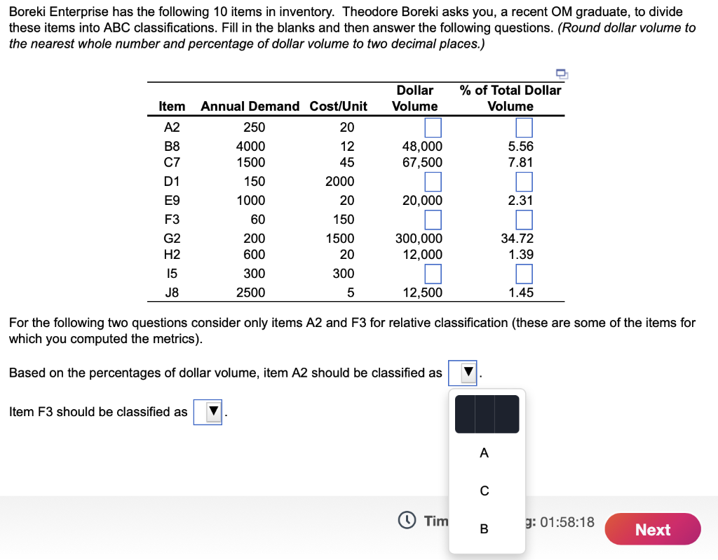 Boreki Enterprise has the following 10 items in
