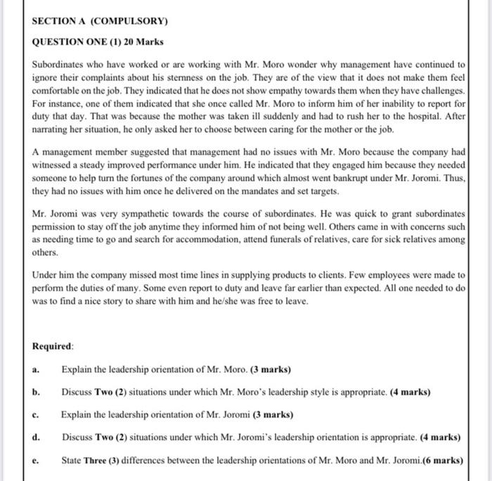 SECTION A (COMPULSORY) QUESTION ONE (1) 20 Marks