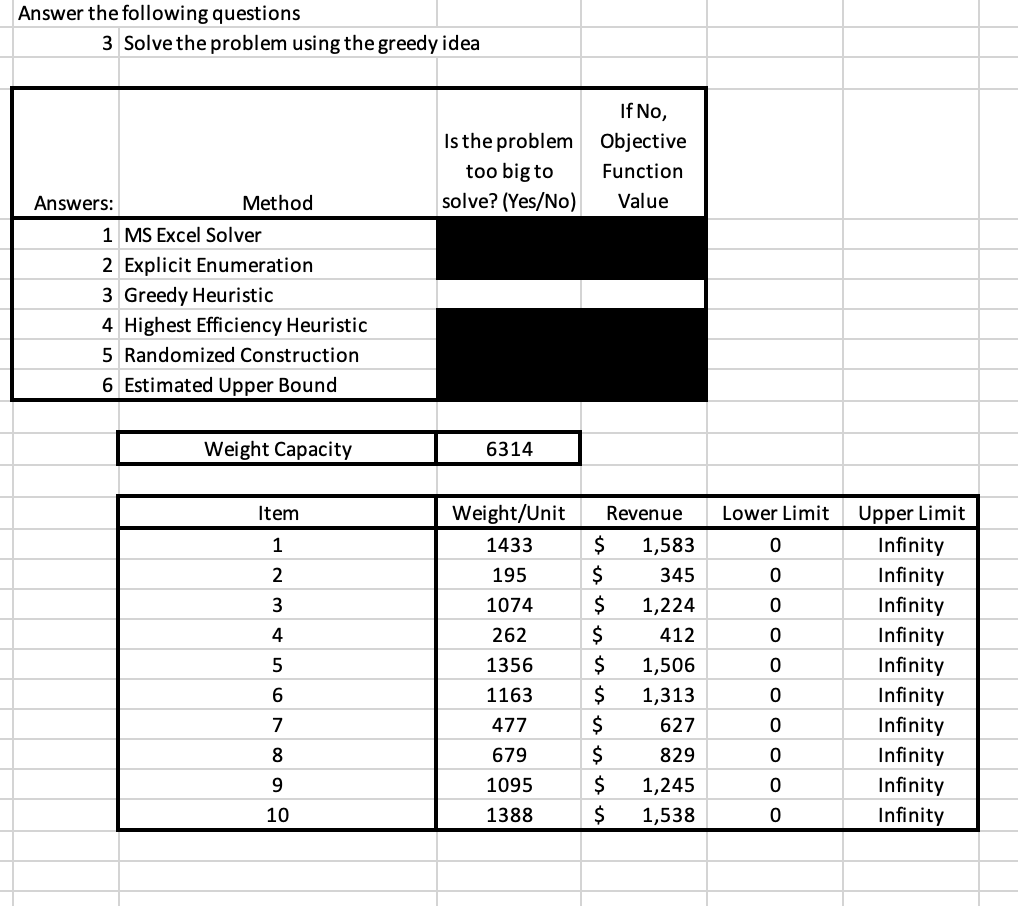 Solve the problem using the Greedy Heuristic