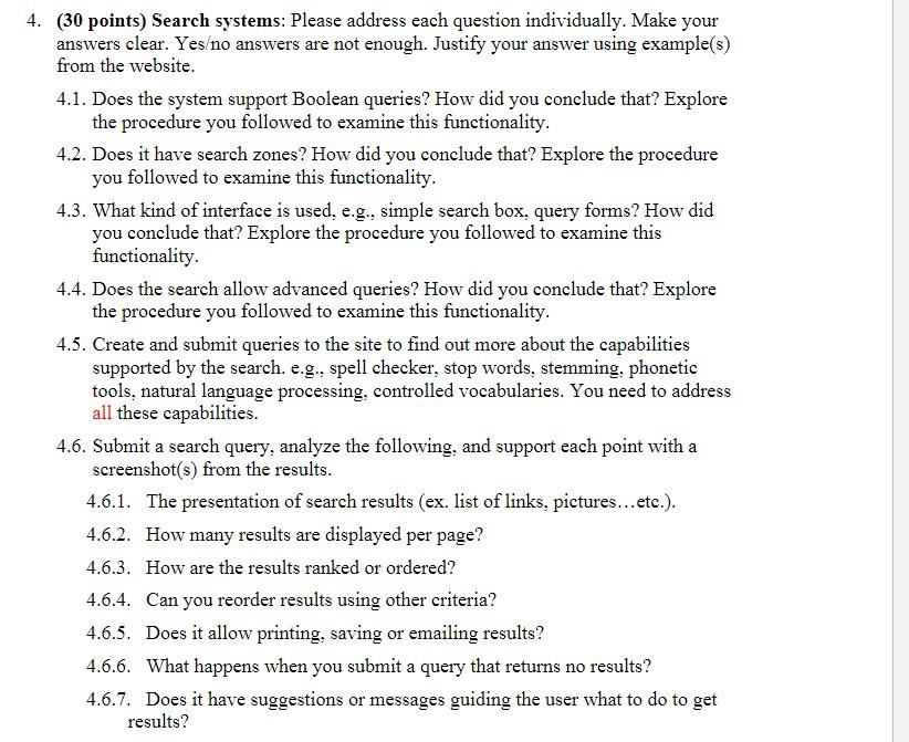 4. (30 points) Search systems: Please address