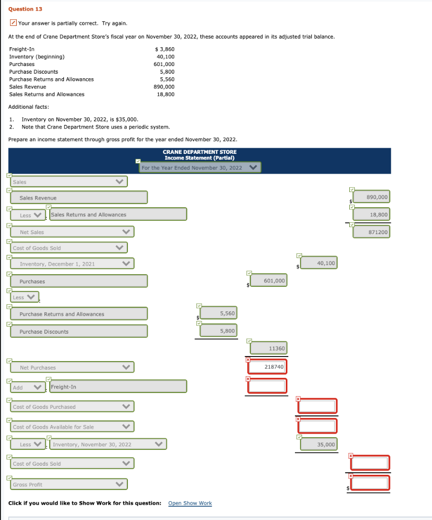Question 13 Your answer is partially correct. Try