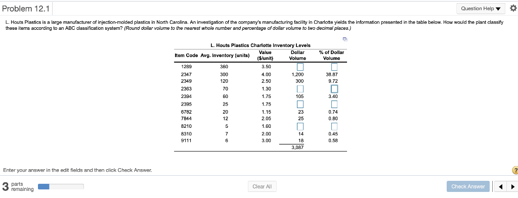 Problem 12.1 Question Help L. Houts Plastics is a