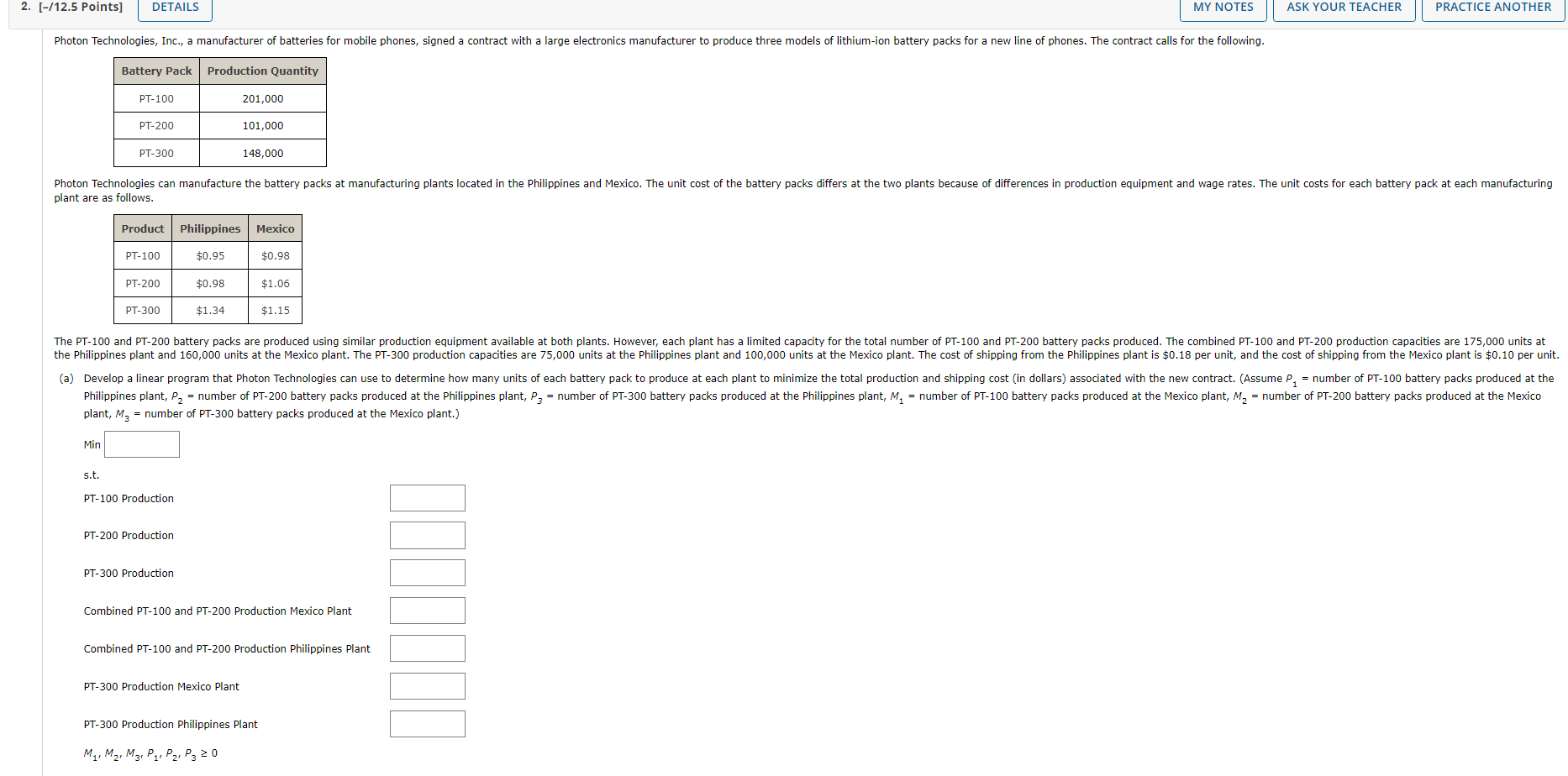 Please show how to solve in Excel 2. (-/12.5