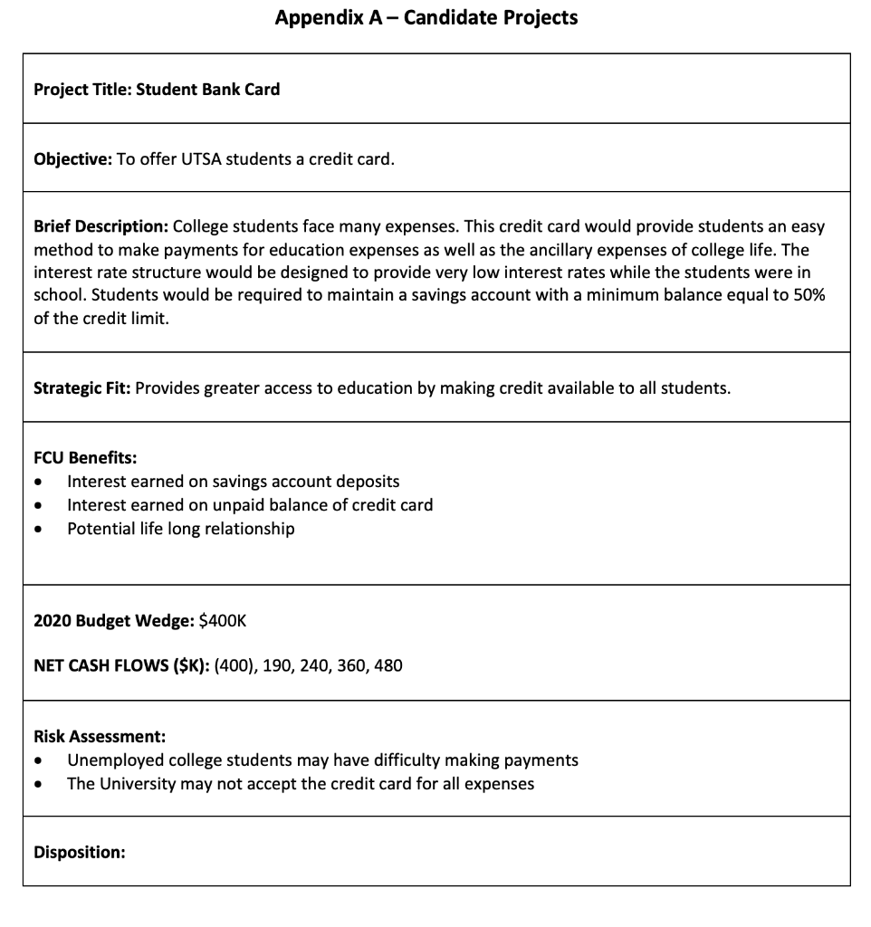 Use Appendix A - Candidate Projects to answer