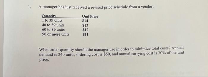 1. A manager has just received a revised price