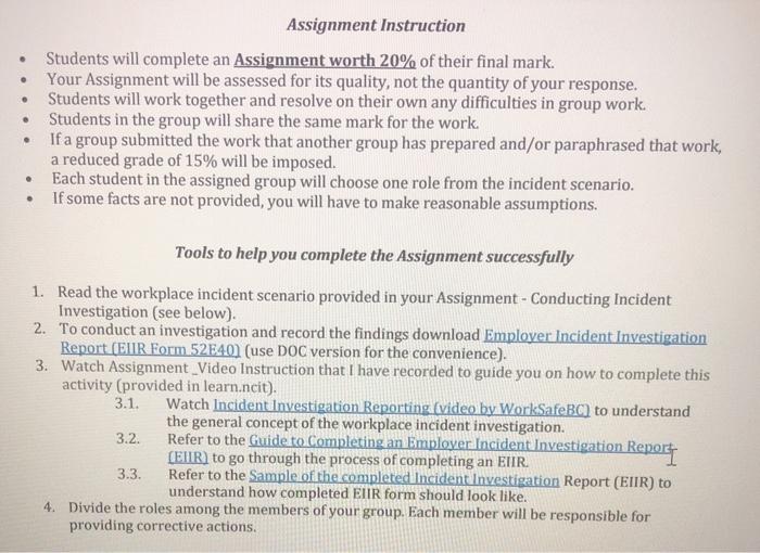 Assignment Instruction Students will complete an
