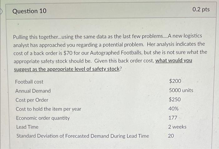 Question 10 0.2 pts Pulling this together...using