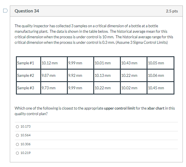Question 34 2.5 pts The quality inspector has
