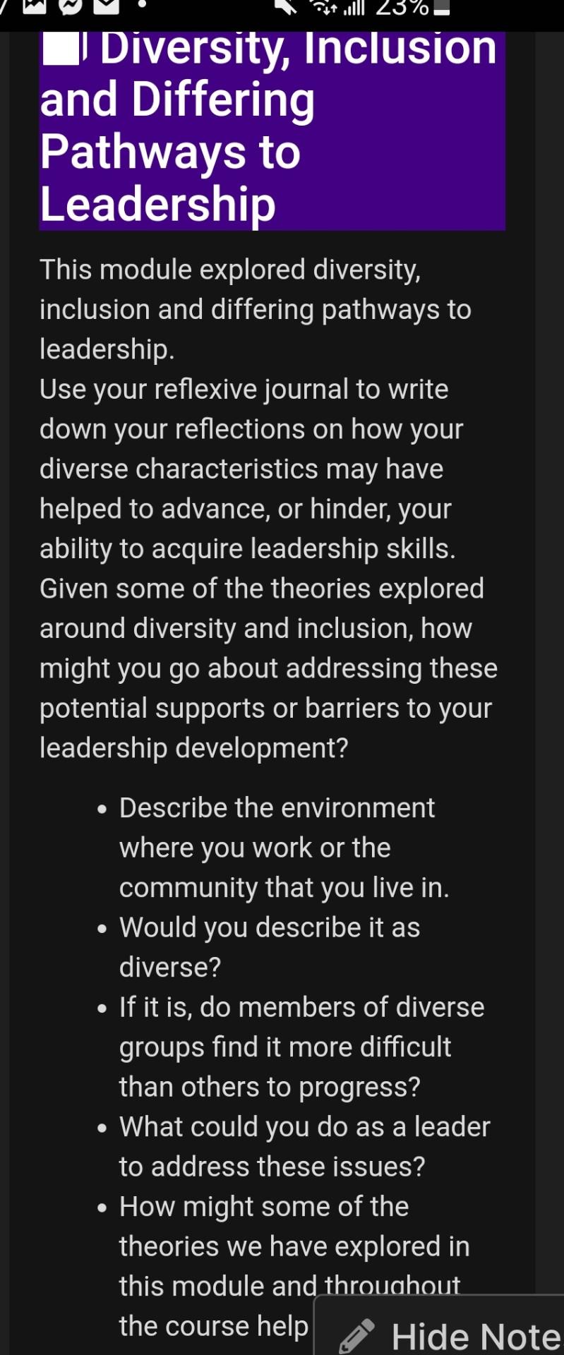 Help me writing a journal lll 23% Diversity,