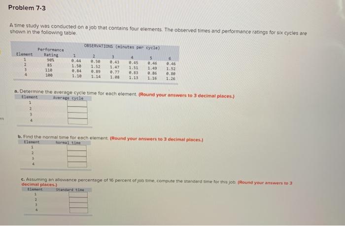 Problem 7-3 A time study was conducted on a job
