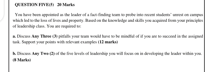 QUESTION FIVE(5) 20 Marks You have been appointed