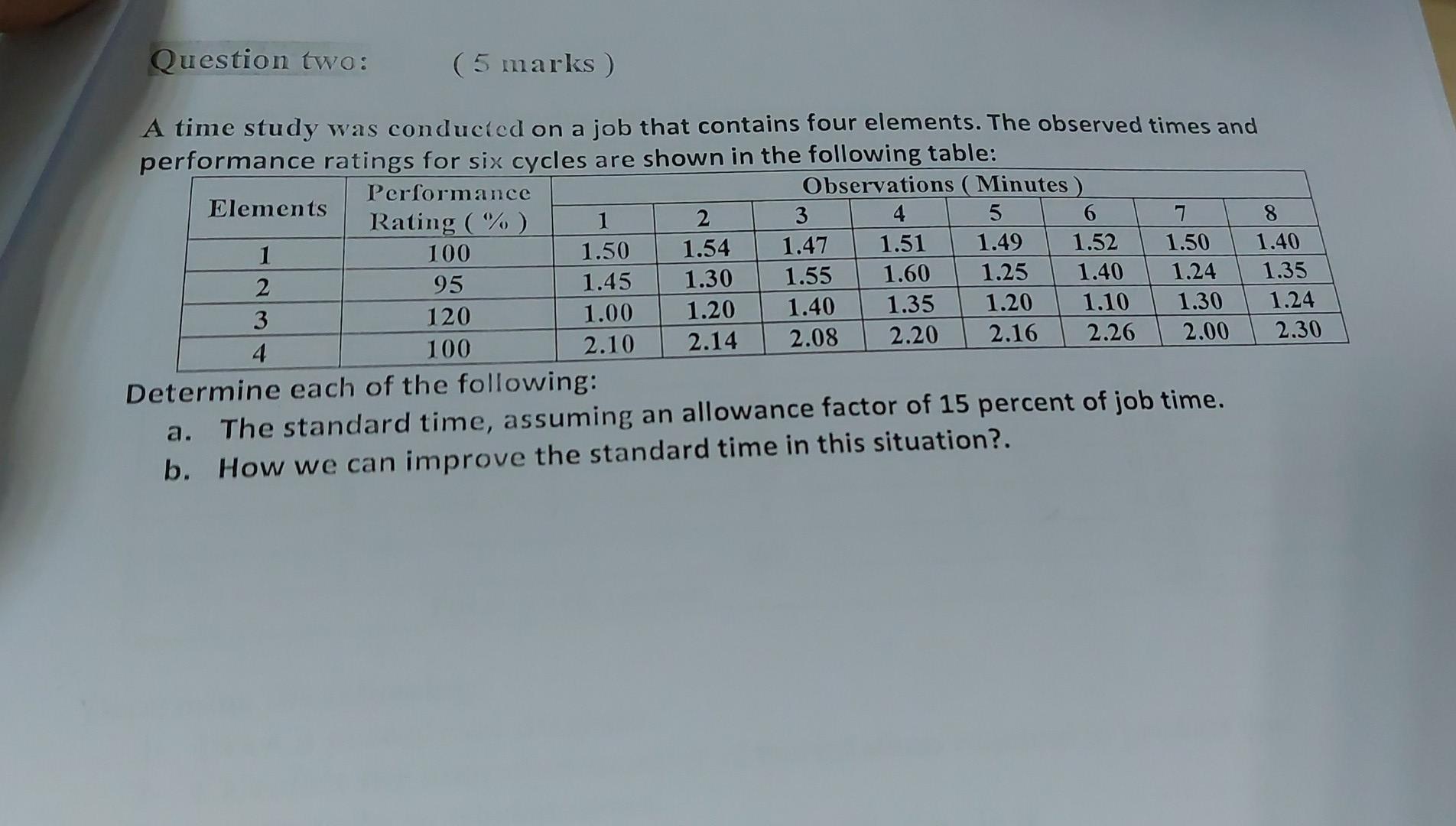 Question two: (5 marks ) 6 8 A time study was