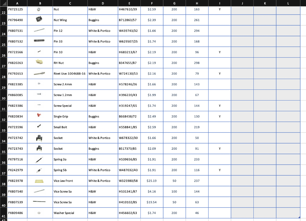 CODE IMAGE 1 SUPPLIER SUPPLIER CODE COST EACH MIN STOCK IN STOCK