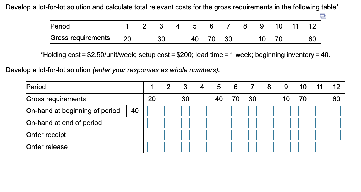 PLEASE answer correctly Develop a lot-for-lot