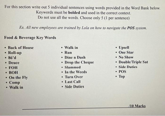 For this section write out 5 individual sentences