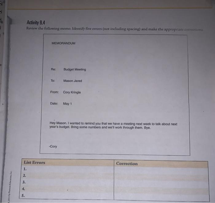 Activity 9.4 Review the following memo. Identify