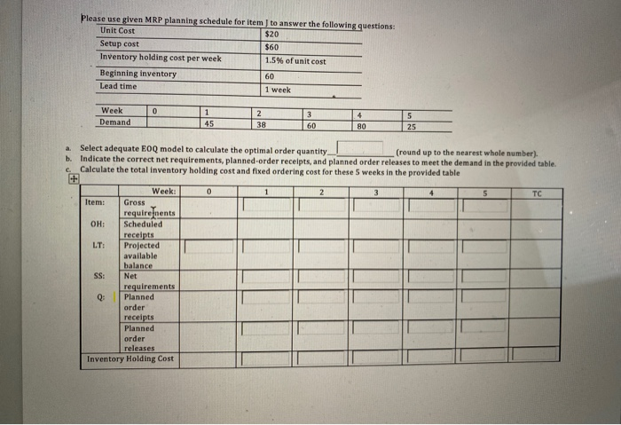 Please use given MRP planning schedule for item