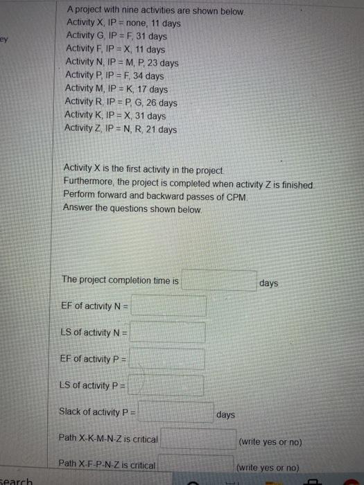 ey A project with nine activities are shown below