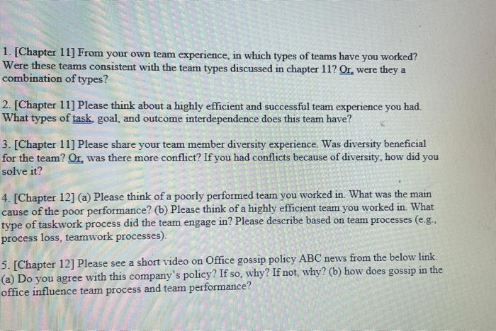 1. Chapter 11] From your own team experience, in