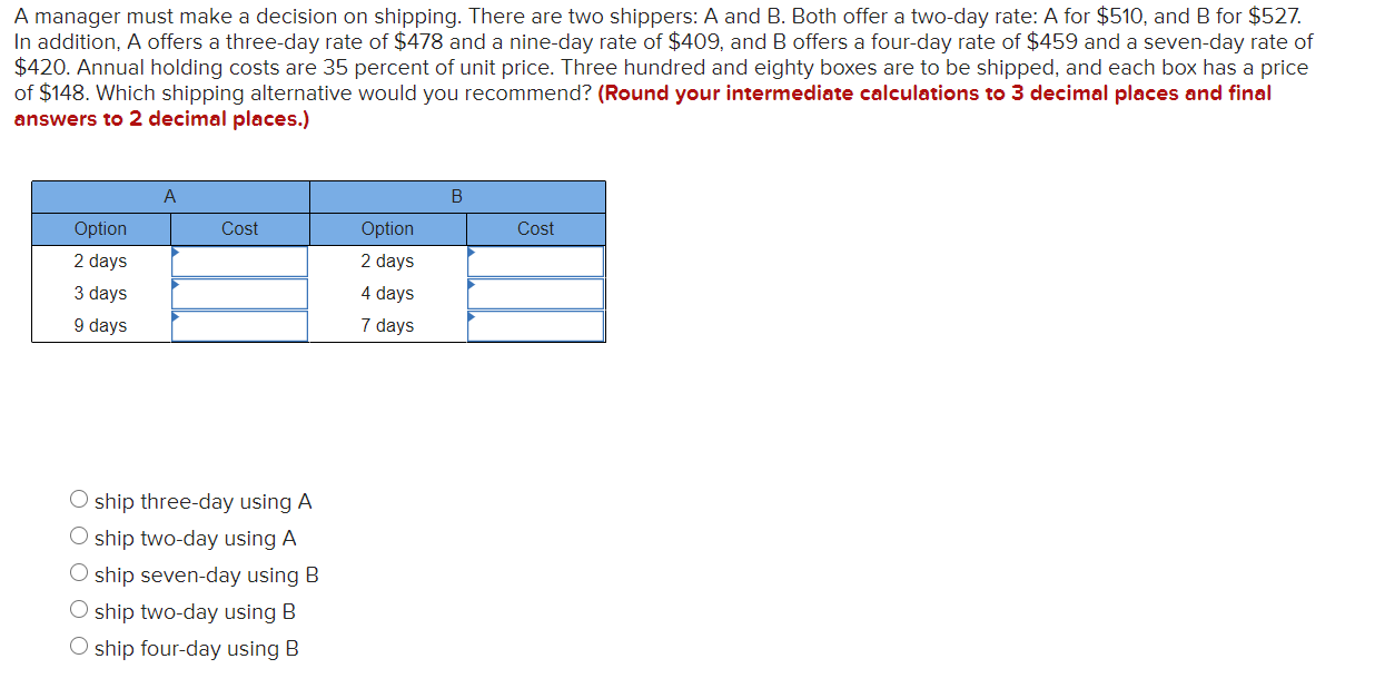 A manager must make a decision on shipping. There
