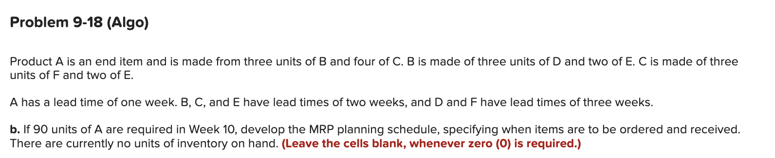Problem 9-18 (Algo) Product A is an end item and
