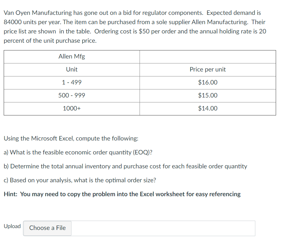 Van Oyen Manufacturing has gone out on a bid for