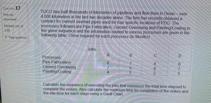 Question 17 Not yet answered TOCO has built