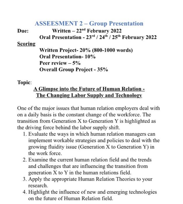 ASSEESMENT 2 - Group Presentation Due: Written -