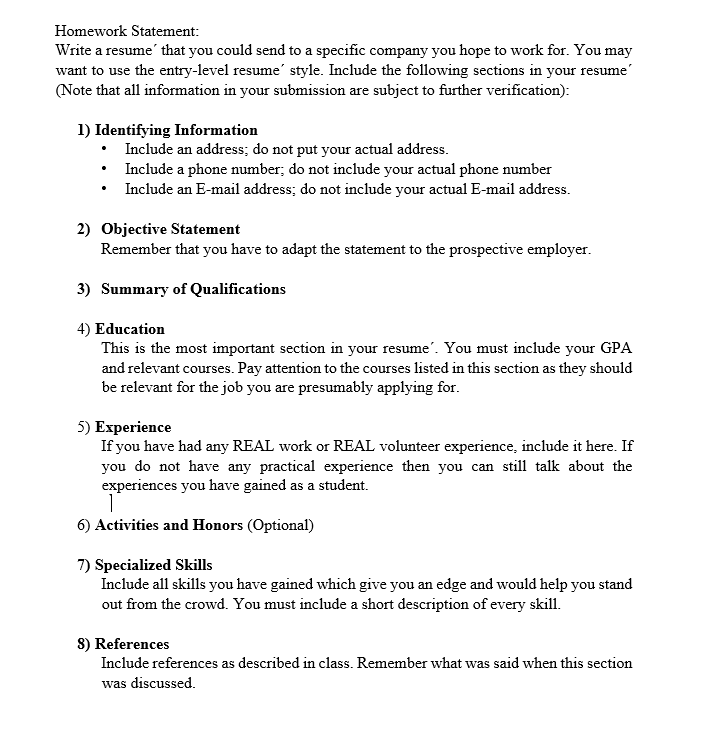 Homework Statement: Write a resume that you could