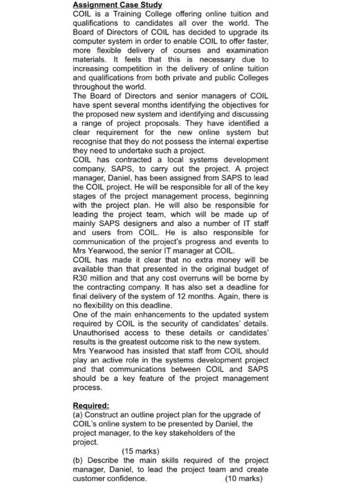 Assignment Case Study COIL is a Training College