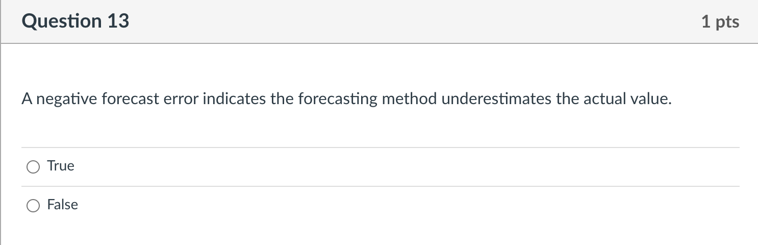 Question 13 1 pts A negative forecast error