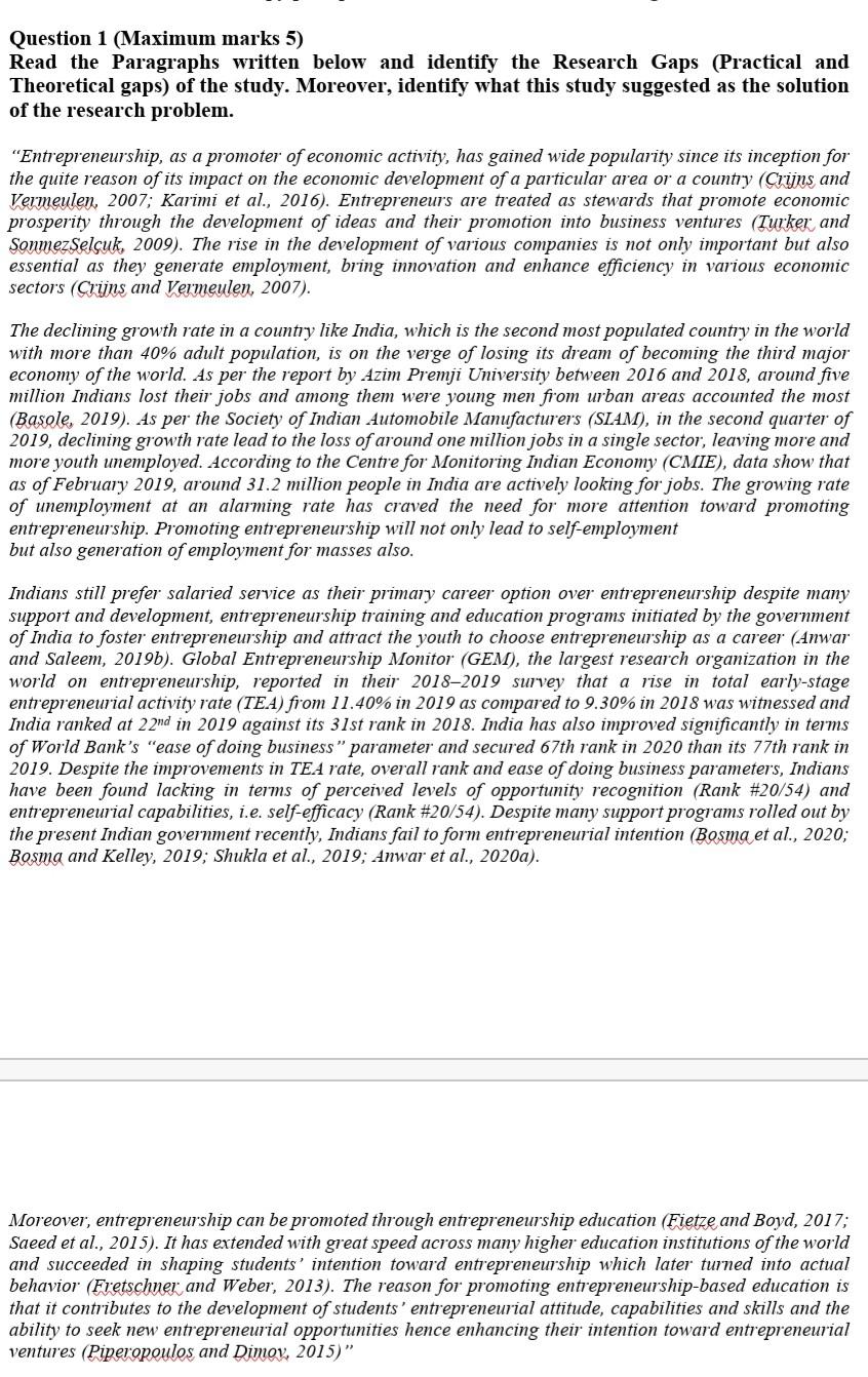 Question 1 (Maximum marks 5) Read the Paragraphs