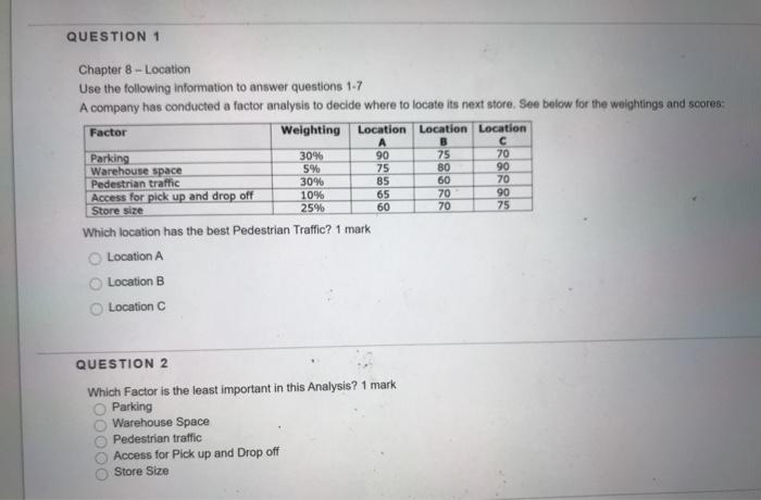 QUESTION 1 Chapter 8 - Location Use the following