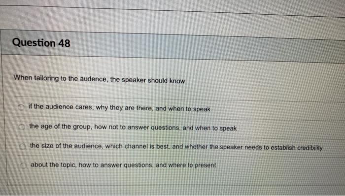 Question 48 When tailoring to the audence, the