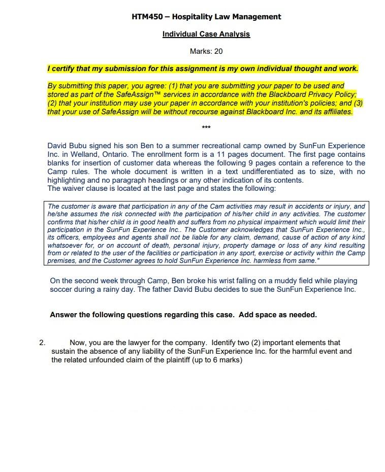 HTM450 - Hospitality Law Management Individual