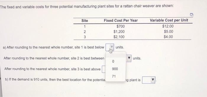 The fixed and variable costs for three potential